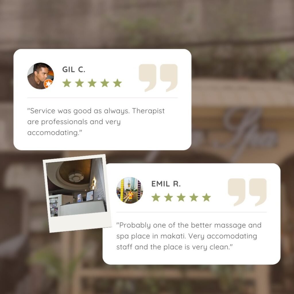 5-star customer testimonials for a highly-rated spa near me, highlighting professional service and cleanliness in Makati.