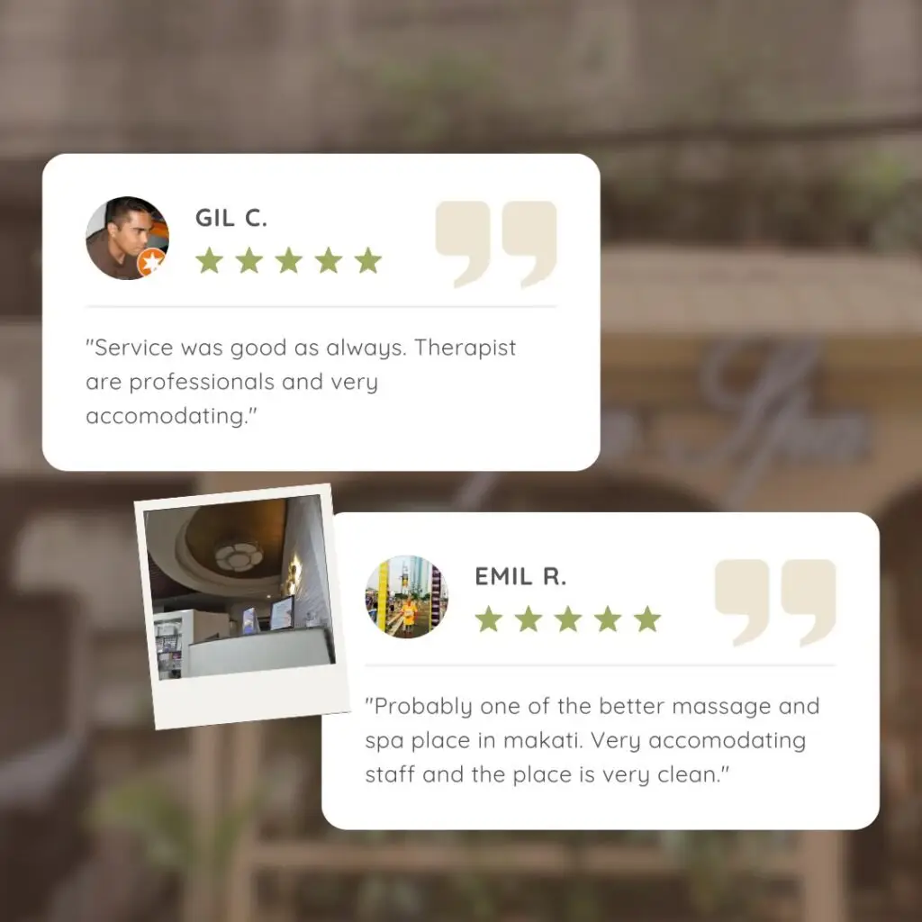 5-star customer testimonials for a highly-rated spa near me, highlighting professional service and cleanliness in Makati.